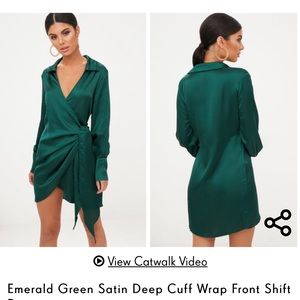emerald green satin deep cuff front shift dress.
